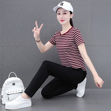 燕颉条纹运动套装女夏天2023新款时尚洋气短袖薄款休闲服两件套，女装套装/套裙，燕颉服饰