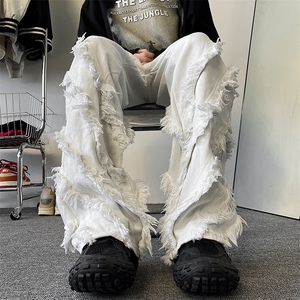 美式高街毛边牛仔裤男女夏季潮牌复古宽松直筒裤休闲裤10566-p55图片