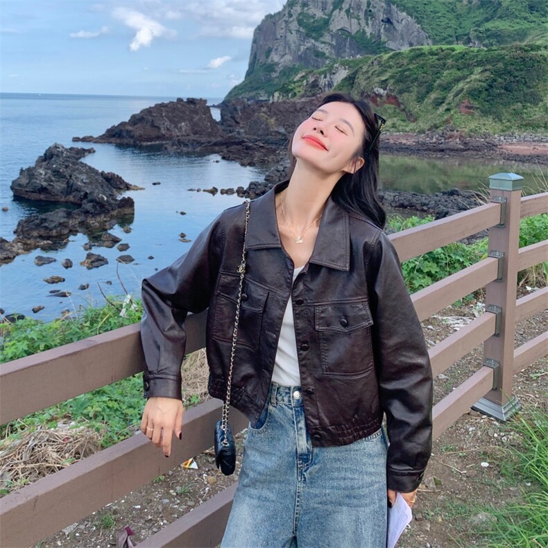 【现货主推】复古宽松棕色PU皮衣外套女2025秋季新款高级质感1387,女装皮衣,欣美人