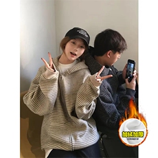 480G重磅加绒硬挺boxy男女秋冬美式高街条纹毛呢卫衣开衫厚外套，女装短外套，电商A486-1