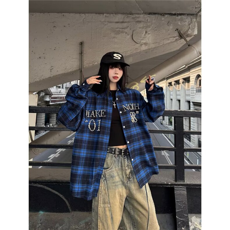 美式复古立体珍珠字母衬衫男女款春秋季长袖衬衣情侣休闲百搭外套图片