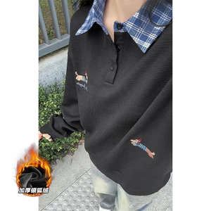 480g重磅银狐绒宽松腊肠狗刺绣假两件卫衣男W5380J加绒-特P45控88图片