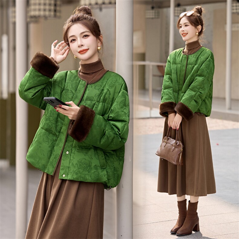 短款羽绒服女2025冬季新款小个子高级感超好看新中式G风提花外套，女装羽绒服，美沁