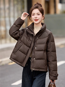 现货！无帽立领保暖白鸭绒羽绒服女PU皮免洗上衣图片