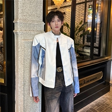 春秋皮衣夹克男女炸街牛仔拼接赛车服宽松痞帅外套潮流W6729-P75，男装皮衣，星座412-3