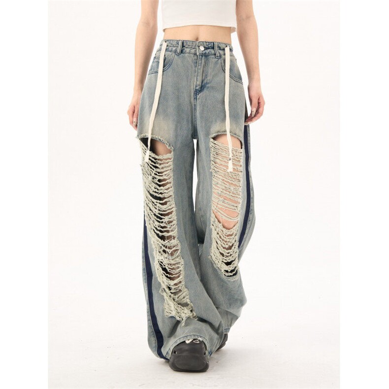 2371-P48美式破洞牛仔裤宽松设计感复古辣妹蓝色慵懒直筒裤，女装牛仔裤，电商A306A