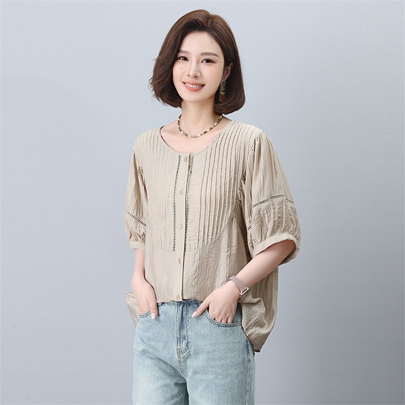 2026夏季新款桃花皱重工压褶镂空装饰宽松短袖女衬衫小衫,女装衬衫,板酷