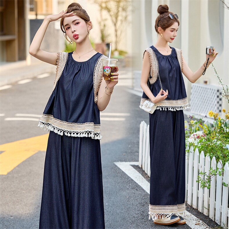 度假风蕾丝钩花拼接套装女2025夏季新款洋气无袖背心阔腿裤两件套，女装套装/套裙，布芭啦