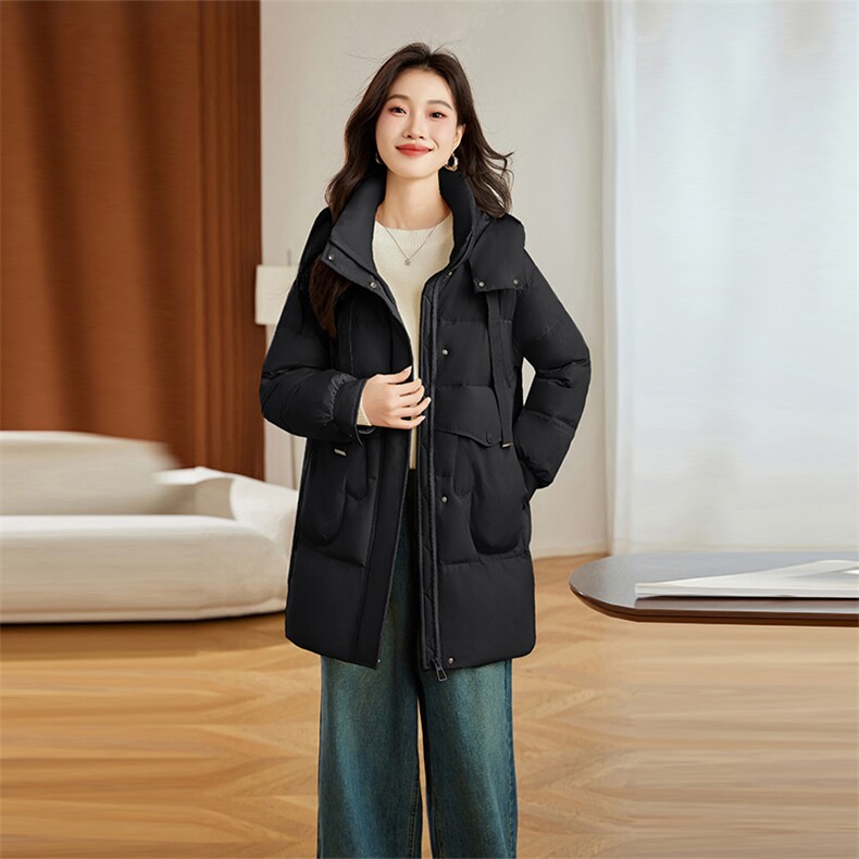 黄色连帽羽绒服女中长款2024冬季新款宽松休闲超好看白鸭绒厚外套,女装羽绒服,自然秀
