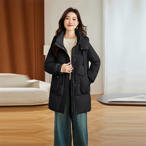 黄色连帽羽绒服女中长款2024冬季新款宽松休闲超好看白鸭绒厚外套图片
