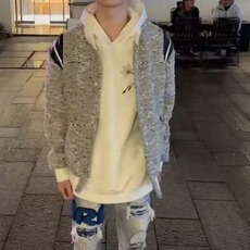 春秋季美式复古拼接棒球男女宽松夹克休闲简约男潮外套毛呢，男装夹克，星座410-6（原星座1304-1）