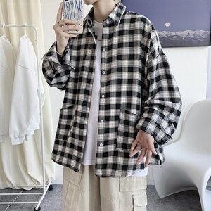 秋冬装格子衬衫男女港风潮流复古休闲学生工装衬中性风H211/P45，男装衬衫，钱塘713