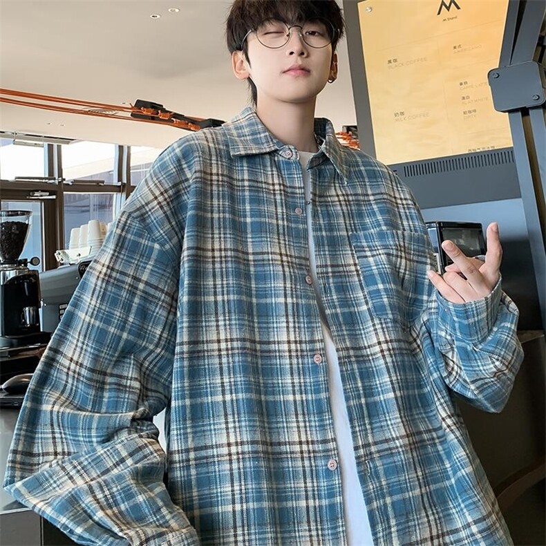 港风秋季小清新外穿长袖衬衫男百搭休闲格子衬衣上衣CS531/P35,男装衬衫,电商D202-1