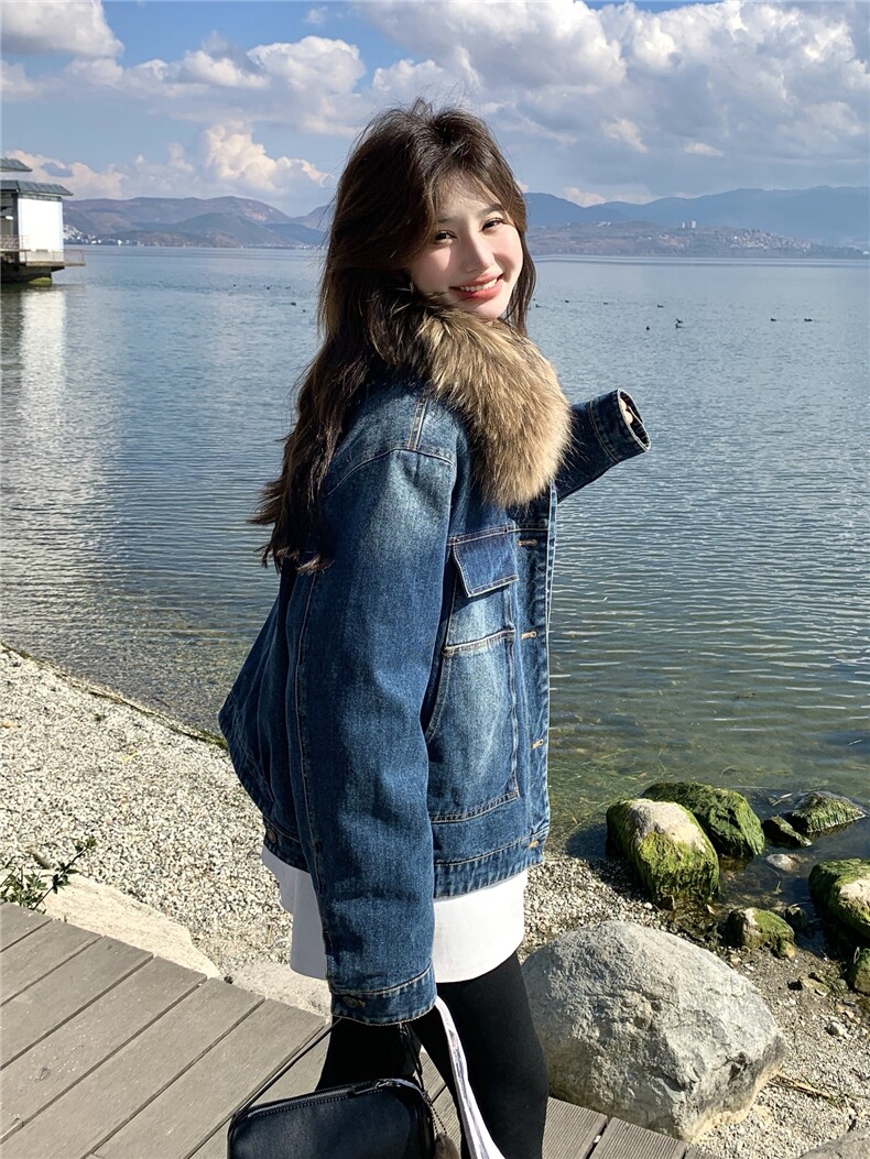 美式复古毛领羽绒内胆牛仔外套女中长小个子派克新款2025年冬季,女装羽绒服,艾米莉亚