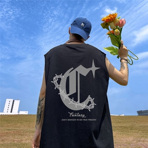 港风23新款夏季时尚百搭无袖印花圆领短袖T恤DT65006P25控38,白色百褶长裙搭配什么上衣好看图片