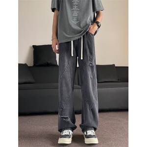 美式风复古阔腿牛仔裤男夏季新款宽松百搭破洞设计感直筒裤子图片