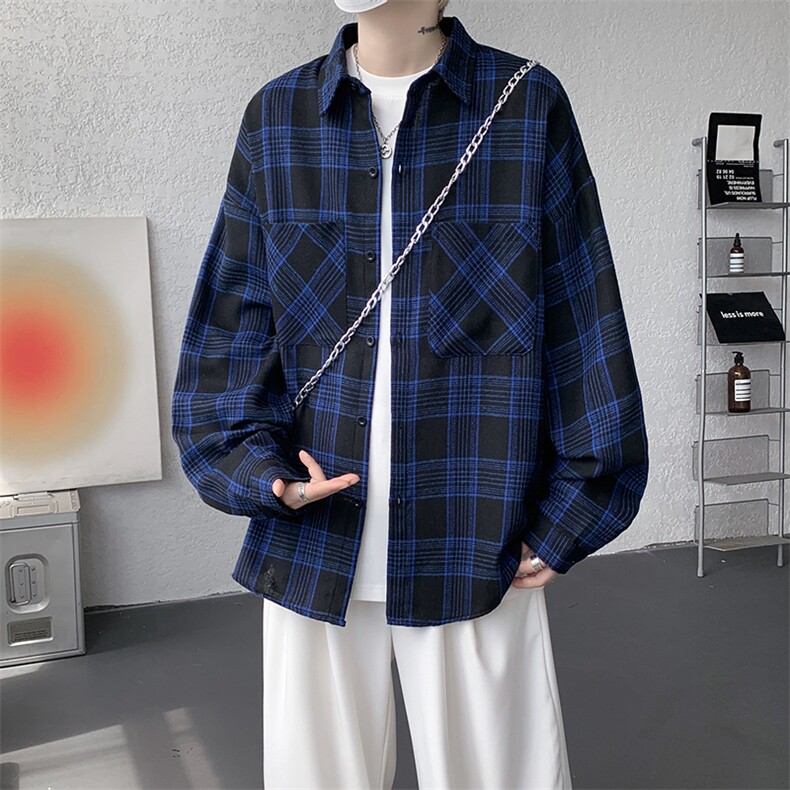 衬衫男秋季新款港风宽松大码磨毛格子长袖衬衣CS500-P35,男装衬衫,星座214-3