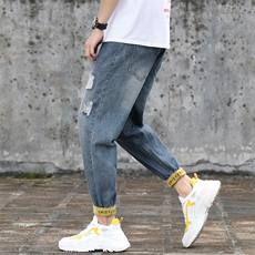 5063-201外景薄款大码破洞九分牛仔裤日系个性9分，男装牛仔裤，星座304A-1