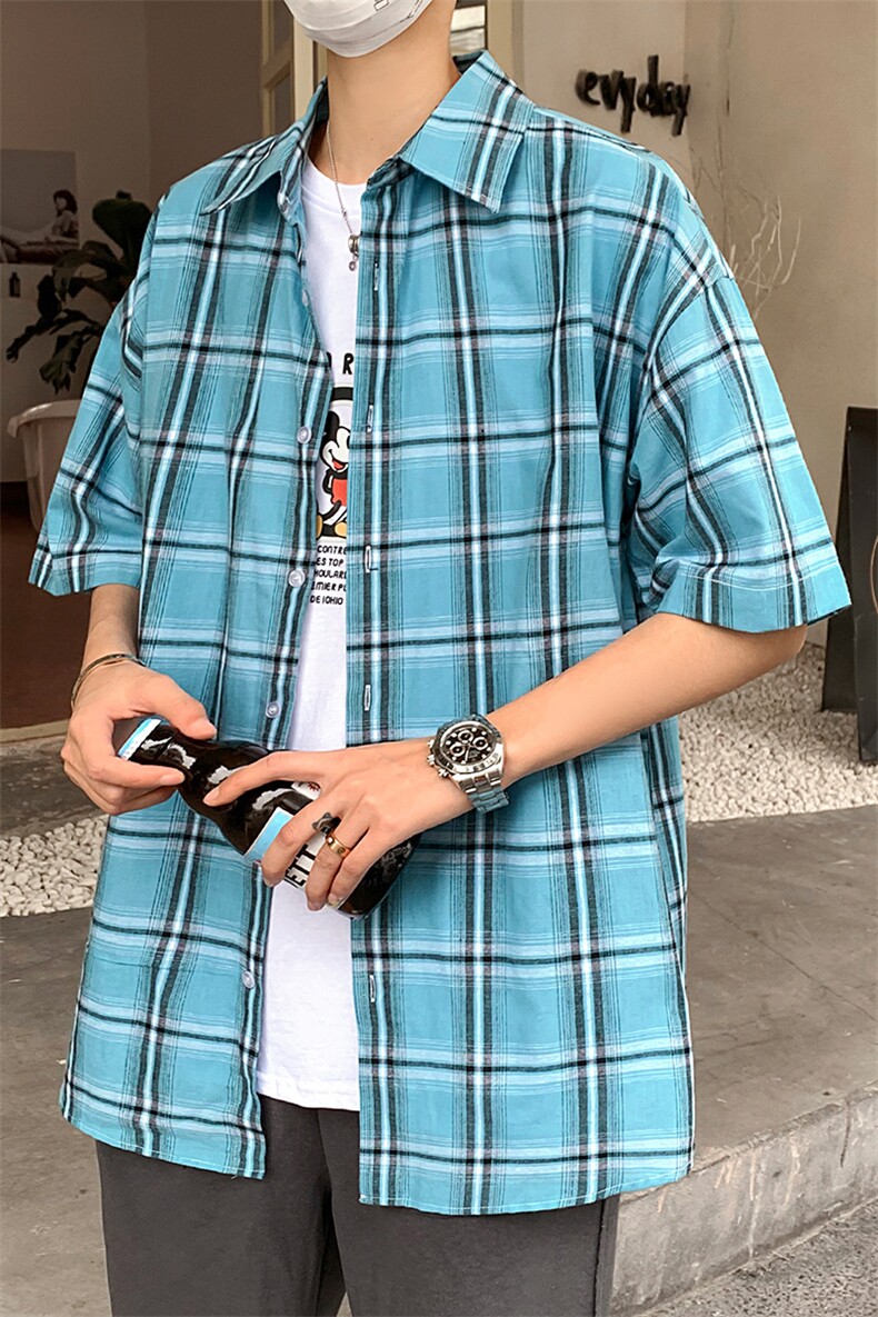 21年夏季短袖衬衫男宽松落肩港风格子衬衫男DS-C407-CS307-P35,男装衬衫,电商C323-1