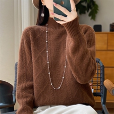 半高领菱形扭花100%纯羊毛衫女2024秋冬加厚长袖毛衣宽松羊绒打底，女装羊毛衫，大美人包芯纱店
