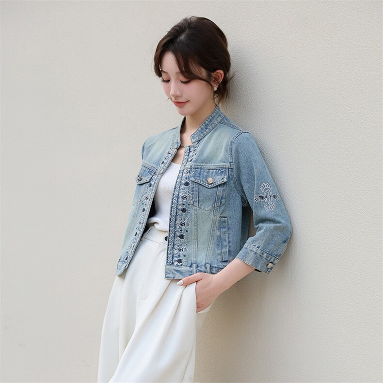 欧洲站设计感重工钉珠牛仔外套女2024春季新款新中式时尚百搭上衣，女装牛仔外套，美拉德工厂直营店