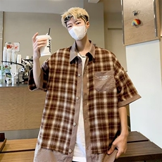 气质青春流行五分袖新款时尚潮衬衫格子百搭原宿男潮流夏季，男装衬衫，星座716-2