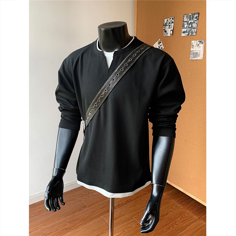 2026春夏大码假两件华夫格长袖T恤潮宽松上衣W56683/特P20假模9,男装T恤,电商A094