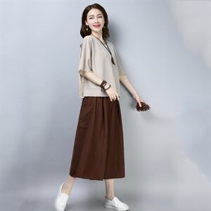 2021年夏季新款休闲时尚两件套装韩版百搭T恤女+阔腿裙裤子套装图片