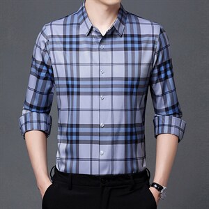 高端长袖衬衫男2023新款春秋季衬衣休闲商务中年爸爸格子寸衫图片