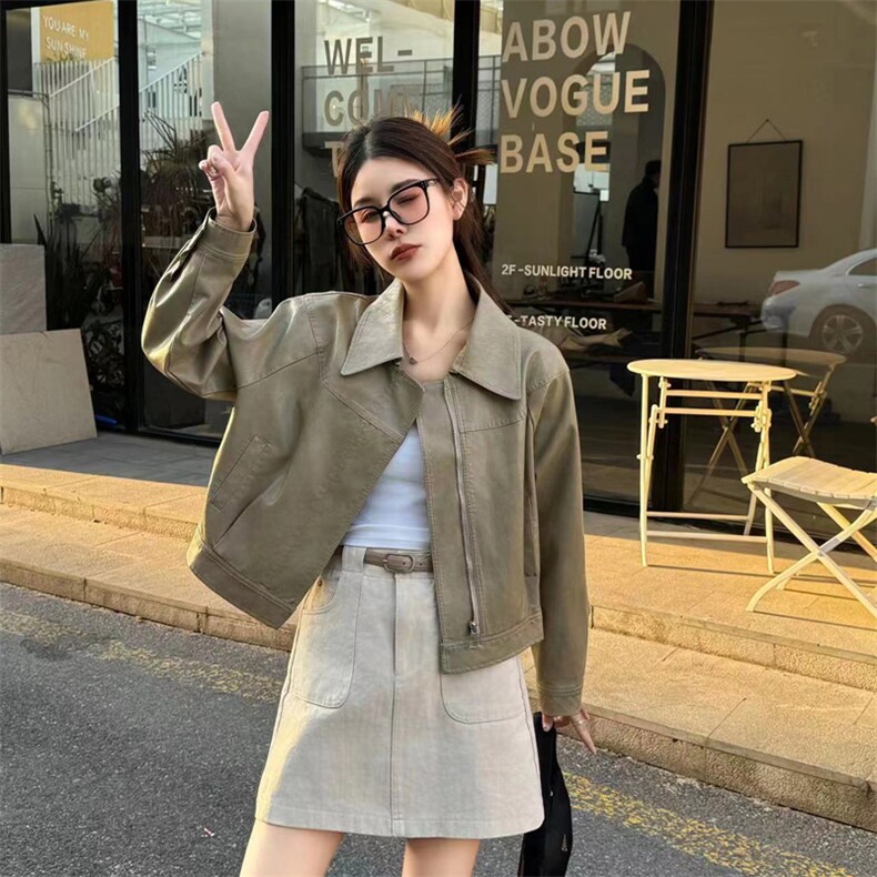 港式复古翻领时尚皮衣女短款2025春新款立领机车服韩系小个子上衣图片