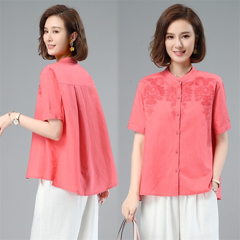 2023夏季新款简约时尚休闲舒适棉麻刺绣开衫上衣，女装衬衫，独衣靓