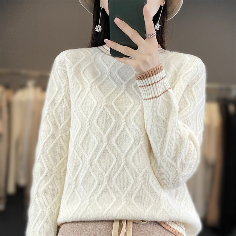 时尚百搭圆领菱形绞花长袖羊毛衫女款，女装羊毛衫，狄美羊绒