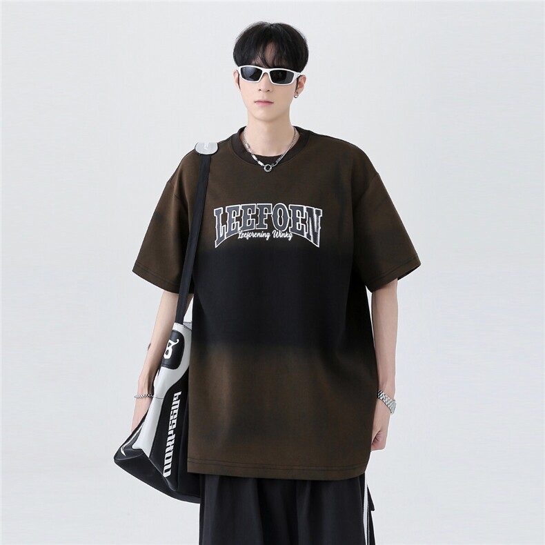 新款水洗蓝色渐变晕染短袖TEE宽松渐变圆领T恤男女T800-p38,男装T恤,电商C307