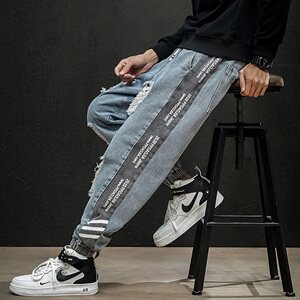 2021春秋季新日系大码男束脚印花撞色拼接九分破洞牛仔裤N8105-P50图片