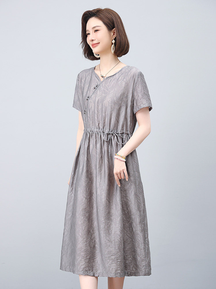 2025夏装新款新中式盘扣收腰显瘦短袖连衣裙,女装连衣裙,雪樱依海