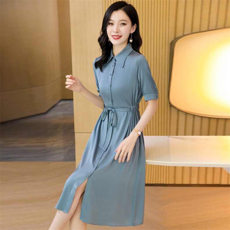 杭州重磅真丝连衣裙女夏季2026新款v领大码显瘦高端真丝衬衫裙,女装连衣裙,阿舍尔精品