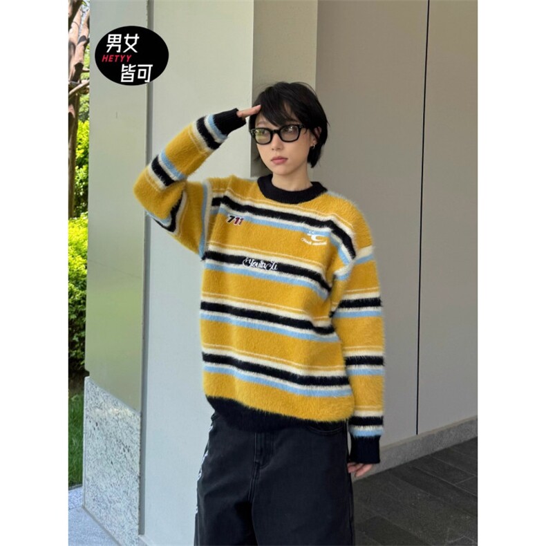 MY9565-P59 秋冬新款刺绣条纹水貂毛圆领毛衣男女松弛感慵懒风图片