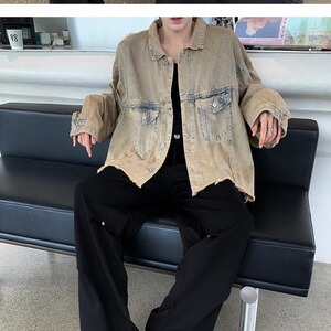 复古水洗做旧牛仔外套男士春秋美式ins潮牌宽松高街翻领夹克图片