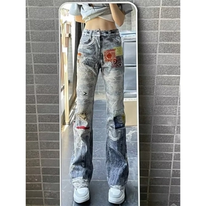 高腰阔腿破洞牛仔裤女设计感小众夏季复古显瘦做旧涂鸦垂感直筒裤图片