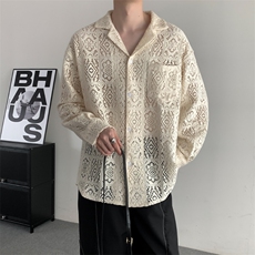 春季复古镂空花衬衫男设计感小众日系宽松黑色衬衣外套高级上衣，男装衬衫，星座909