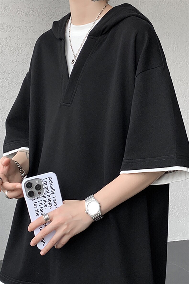 8XL-M假两件短袖卫衣连帽t恤男夏季薄款宽松大码学生半袖DT007P48,男装T恤,电商B312