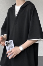 8XL-M假两件短袖卫衣连帽t恤男夏季薄款宽松大码学生半袖DT007P48，男装T恤，电商B312