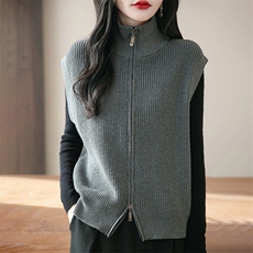 开衫时尚简约百搭马甲拉链款2025，女装针织衫/毛衣，长今羊