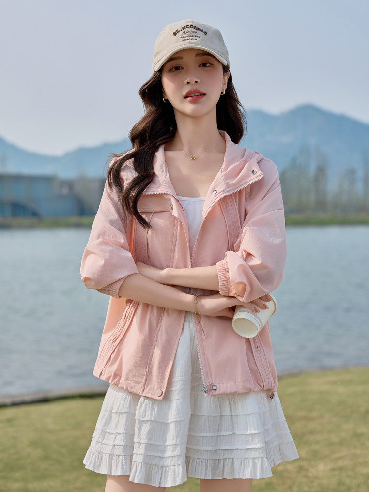 粉色时尚连帽防晒衣女2025夏季新款休闲百搭透气轻薄款防晒服外套,女装防晒衣,悦祺
