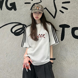 抖音得物高品质二开240克宽松纯棉美式潮牌三条杠织带短袖T恤图片