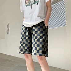 潮牌格子牛仔短裤ins潮流新款宽松百搭休闲五分裤子夏季D3053-p38，男装牛仔裤，星座1008