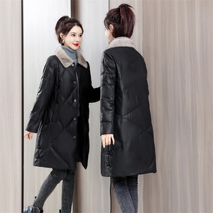 PU皮衣羽绒服女中长款冬2021年新款女款黑色免洗外套图片