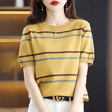 时尚百搭纯棉彩条短袖针织衫修身显瘦圆领毛衣女款，女装针织衫/毛衣，桦兴羊绒