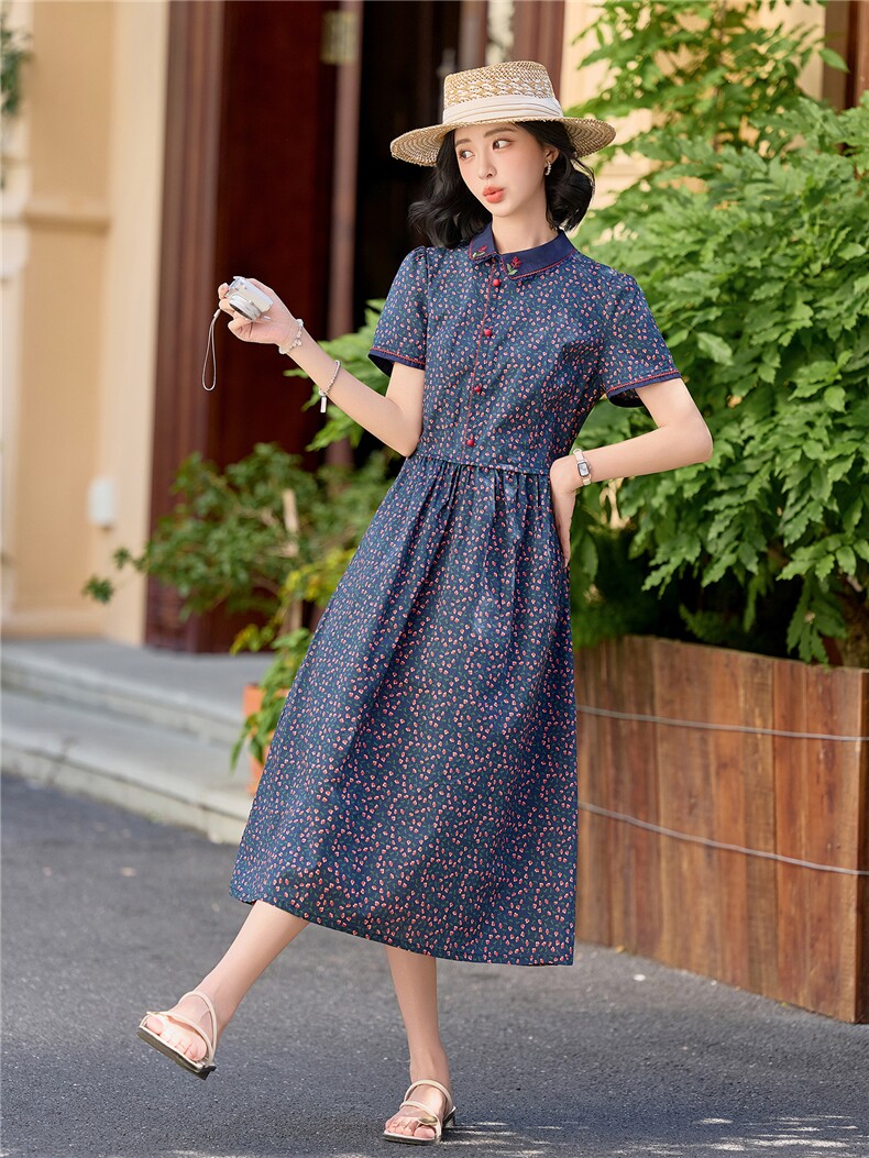 田园风斜领碎花刺绣连衣裙女春夏收腰显瘦中长裙（细节图颜色为）,女装连衣裙,水衣源