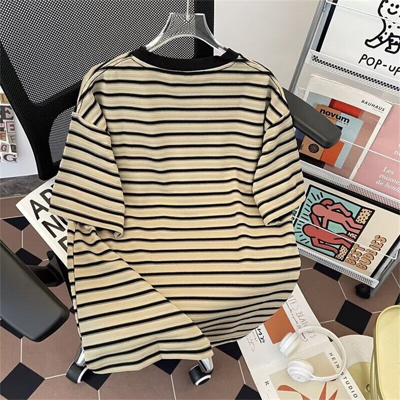 复古条纹短袖男夏季简单穿搭t恤小领口情侣重磅上衣服TX377-P40,男装T恤,星座1008